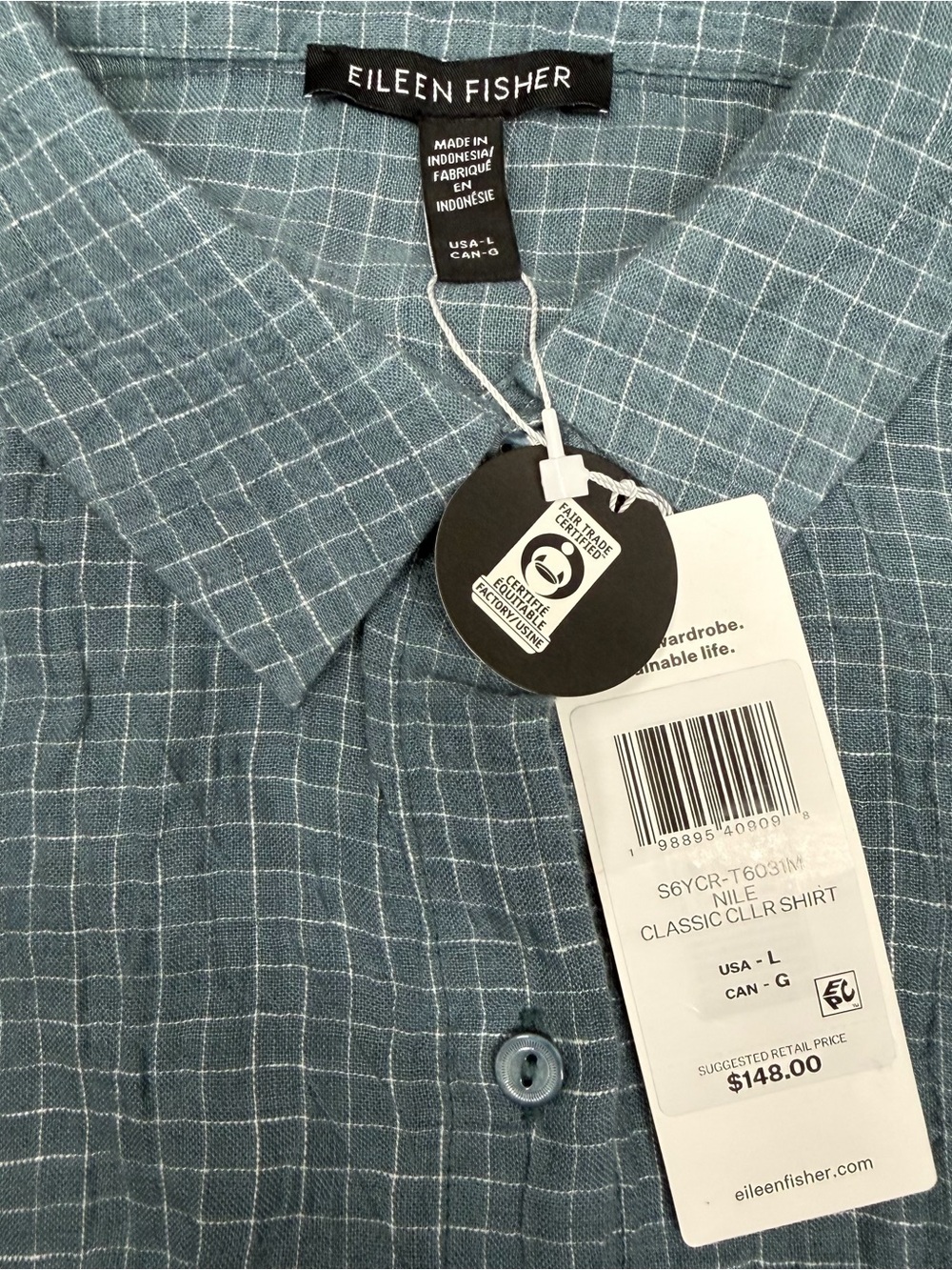 Eileen Fisher Puckered Organic Linen Grid Sleeveless Shirt - Picture 3 of 4